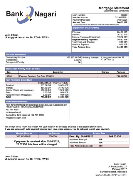 Download Indonesia Bank Nagari mortgage statement Word and PDF template Photoshop template